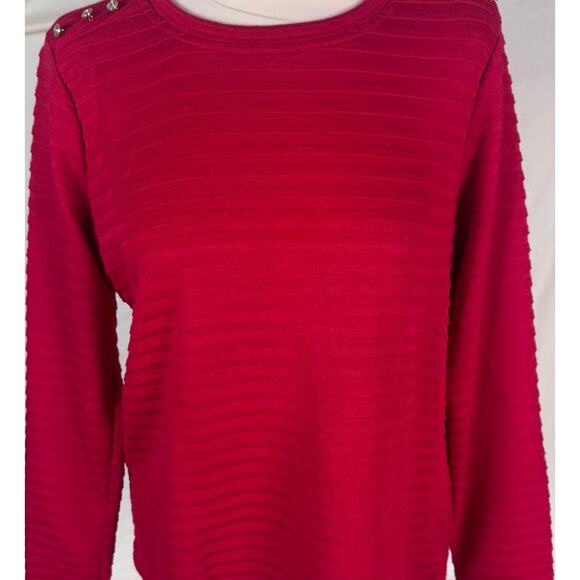 Liz Claiborne PL Petite Large Red Ribbed Pullover Sweater Button Shoulder Accent - Picture 4 of 7